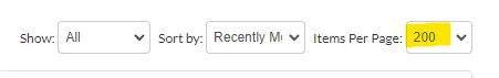Screenshot of how to select number of items on page
